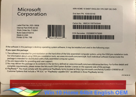 Çin Tam Sürüm, Windows 10 Ev Ürün Anahtarı / Win 10 Pro Yazılımı Tedarikçi